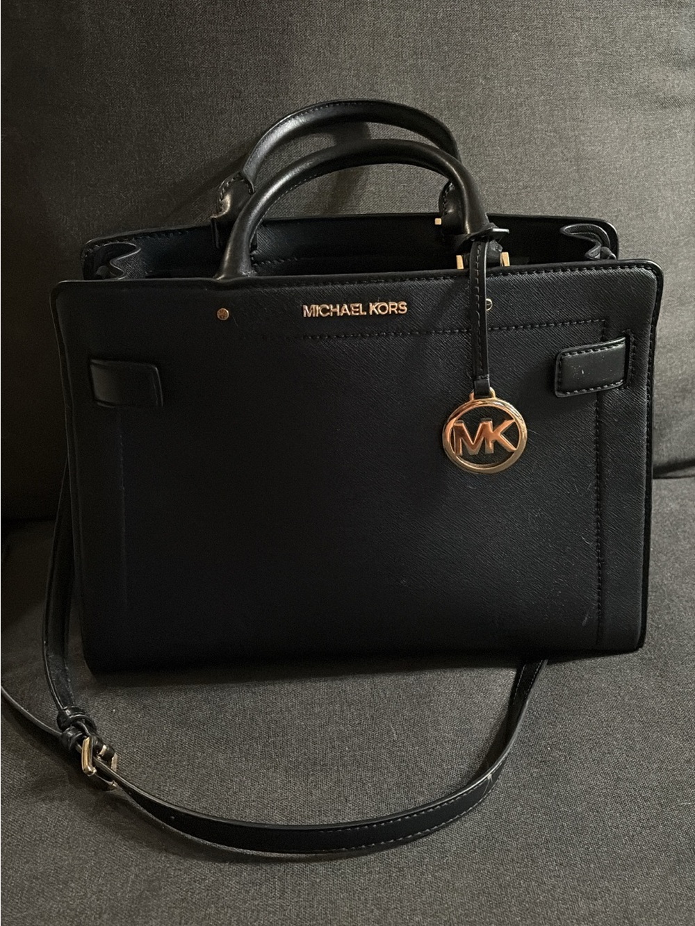 Michael Kors Black Saffiano Satchel with Gold MK Charm